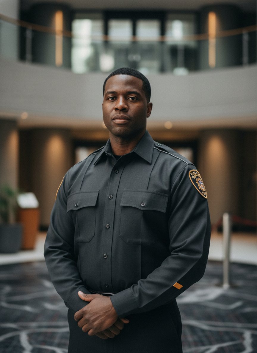 A uniformed security officer standing post at a Las Vegas property, calm and attentive.